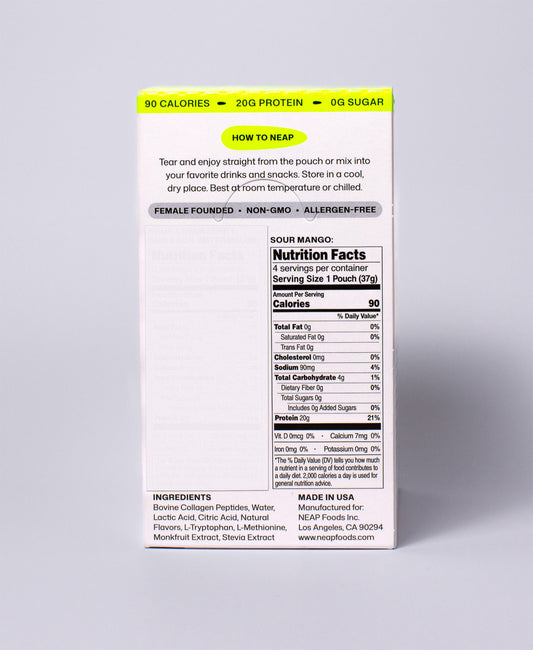 Nutrition facts and ingredients label for NEAP Extreme Sour, Sour Mango protein gel. 20g protein....