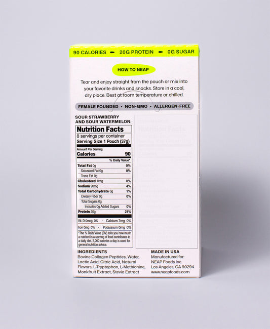 Nutrition facts and ingredients label for NEAP Extreme Sour, Sour Watermelon protein gel. 20g pro...