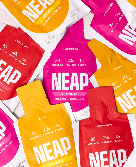 NEAP Original protein gel packets in various flavors on a neutral background