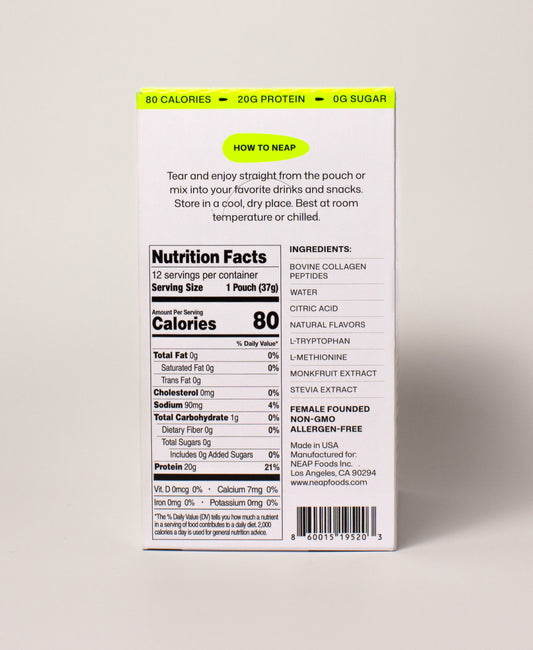 NEAP Original Box Protein Gel FDA Food Label Nutrition Label on Back of Product Box. 20g protein....