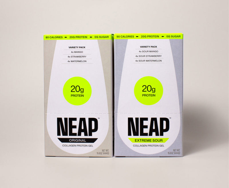 Image of NEAP protein gel Original Variety Box and NEAP protein gel Extreme Sour Variety Box on a neutral background