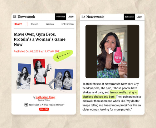 Screenshot of a Newsweek article featuring NEAP and NEAP's founder Sandra holding a Watermelon NEAP protein gel pouch.