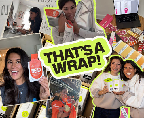Collage of NEAP team members, product packaging, and behind-the-scenes moments with text reading “That’s a wrap!”