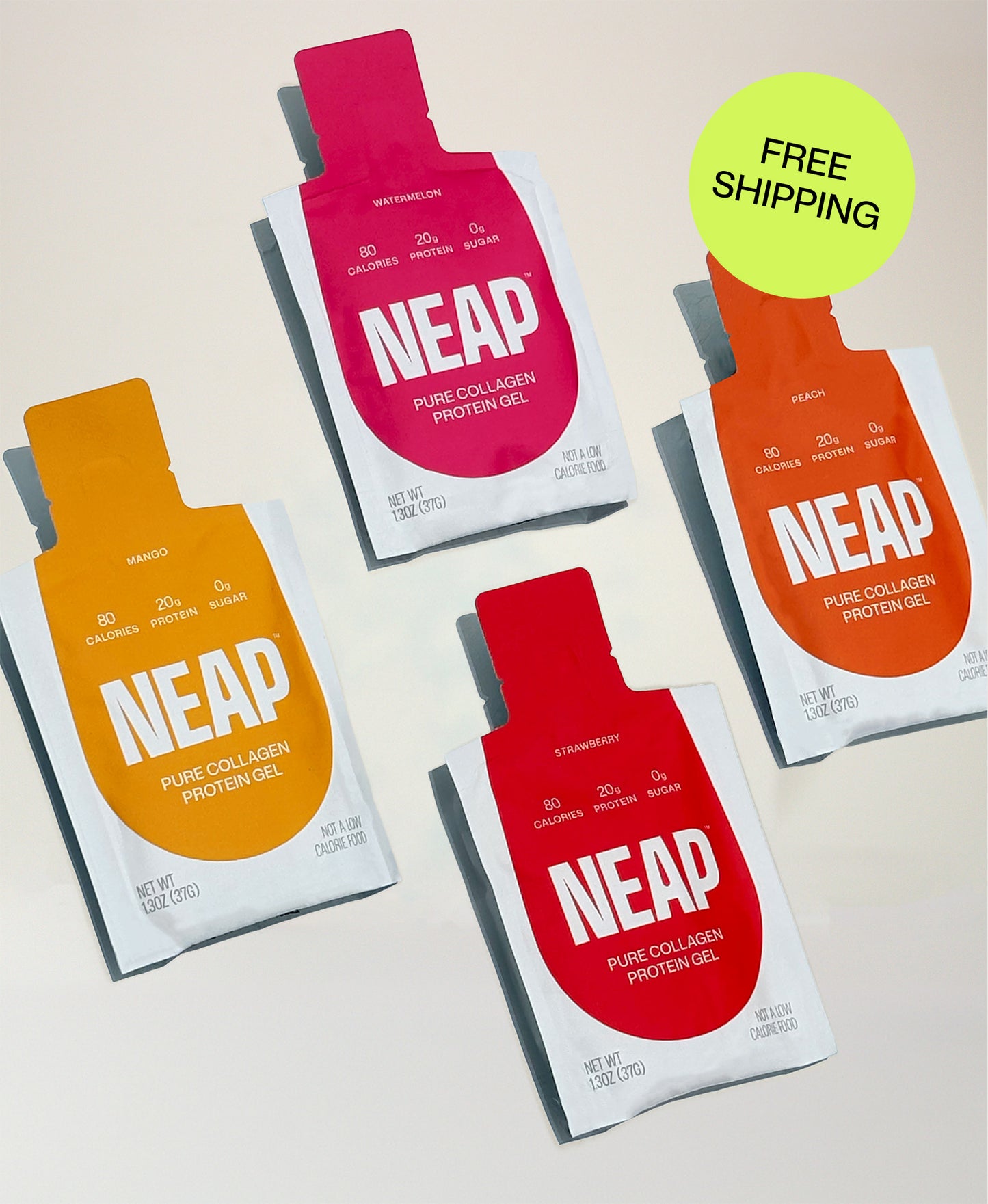 Four NEAP pure collagen protein gel pouches in different flavors (mango, watermelon, strawberry, peach) on a light background. A "Free Shipping" badge is overlaid on the image.