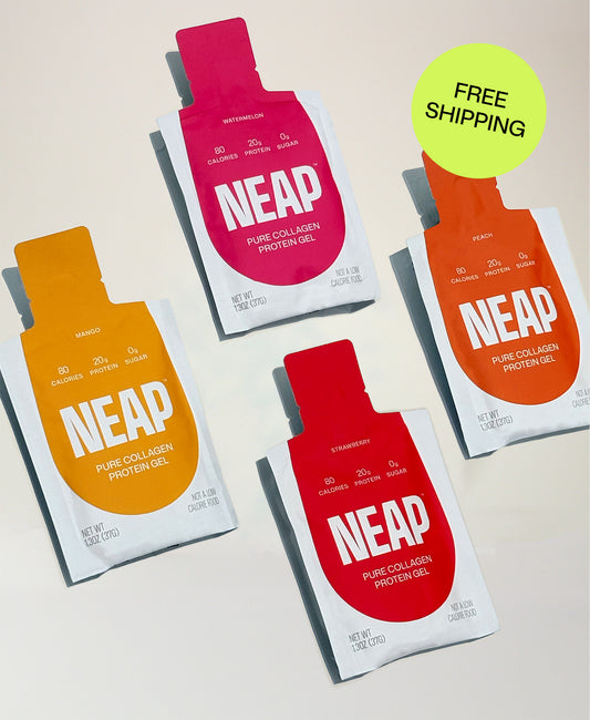Four NEAP pure collagen protein gel pouches in different flavors (mango, watermelon, strawberry, peach) on a light background. A "Free Shipping" badge is overlaid on the image.
