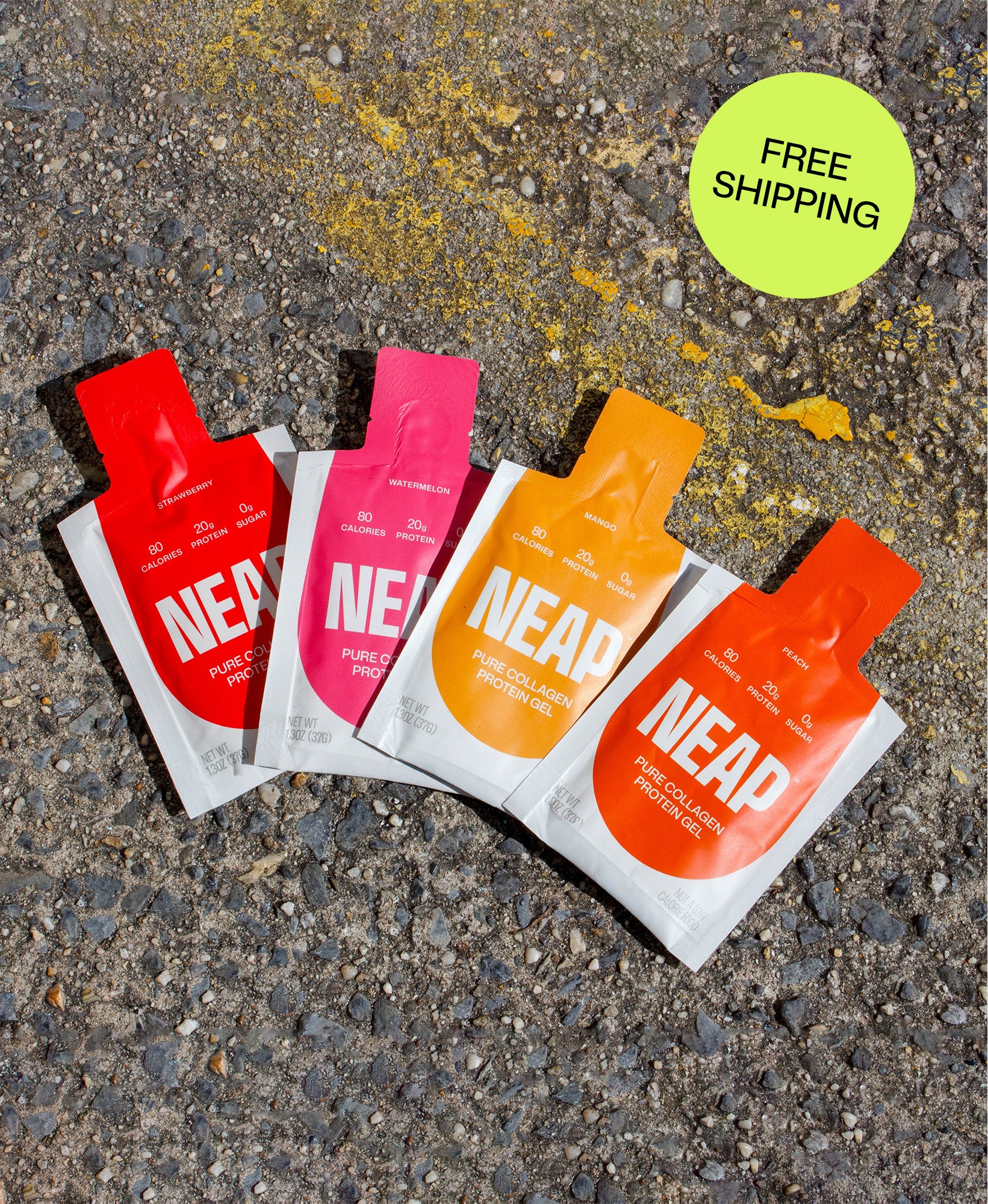 Four NEAP pure collagen protein gel pouches in different flavors (mango, watermelon, strawberry, peach) on a tennis court. A "Free Shipping" badge is overlaid on the image.