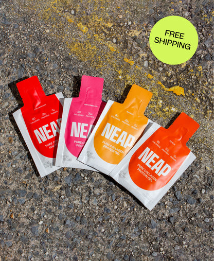 Four NEAP pure collagen protein gel pouches in different flavors (mango, watermelon, strawberry, peach) on a tennis court. A "Free Shipping" badge is overlaid on the image.
