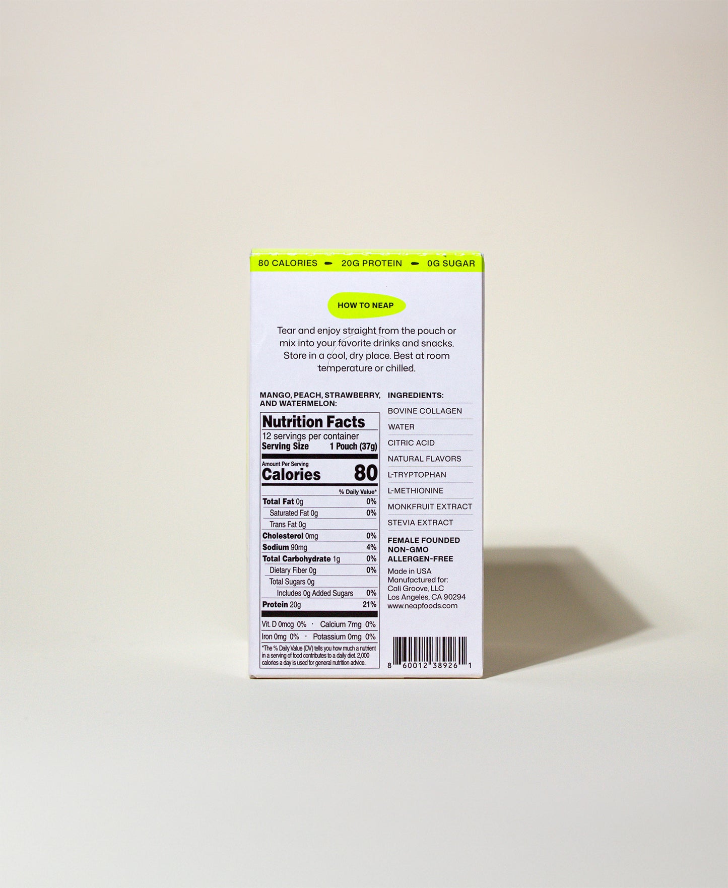 NEAP Protein Gel FDA Food Label Nutrition Label on Back of Product Box. 20g protein. 80 calories.