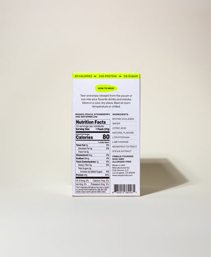 NEAP Protein Gel FDA Food Label Nutrition Label on Back of Product Box. 20g protein. 80 calories.