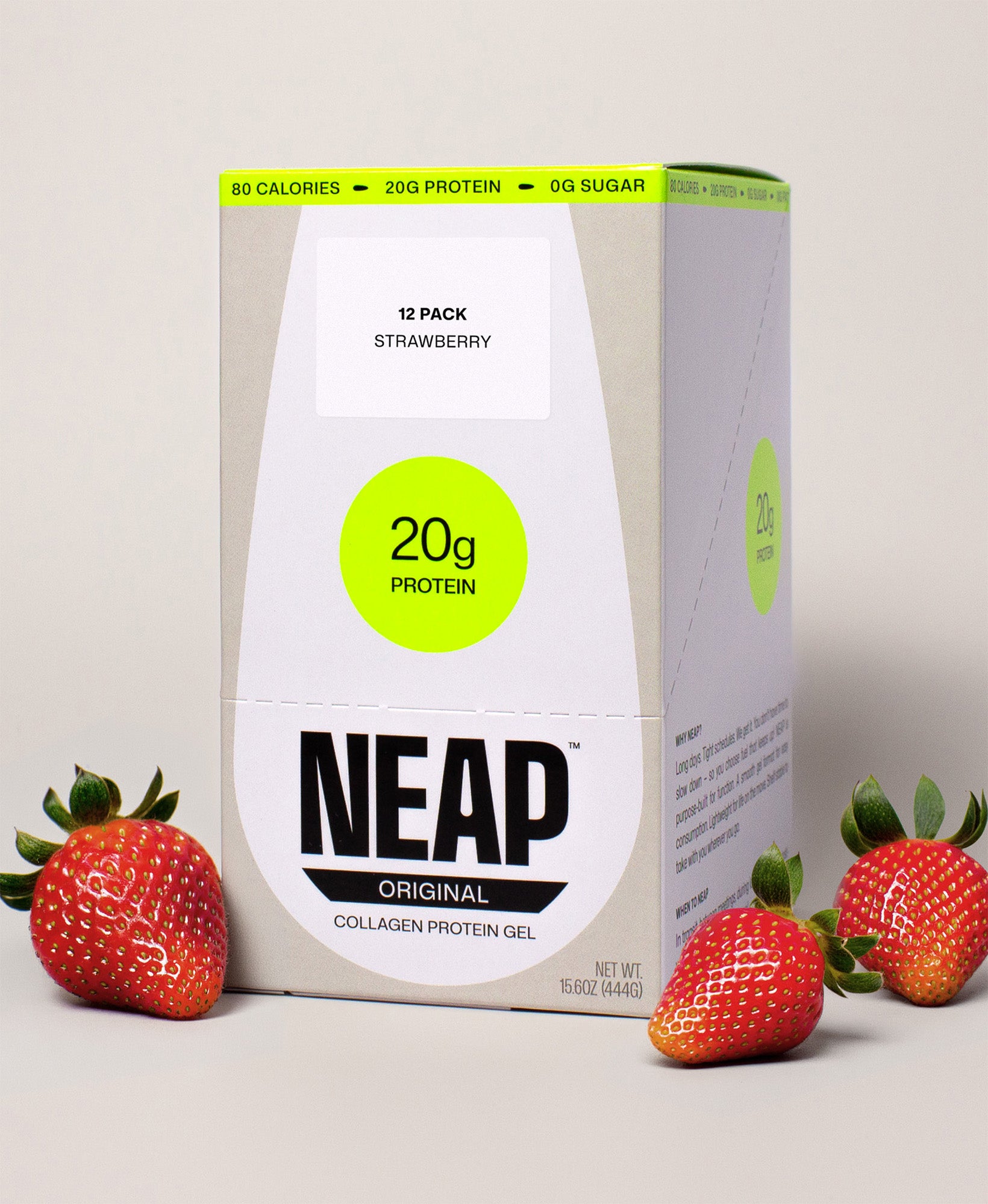 NEAP Original Strawberry Collagen Protein Gel 12-pack box with strawberries on a neutral background. 20g protein.