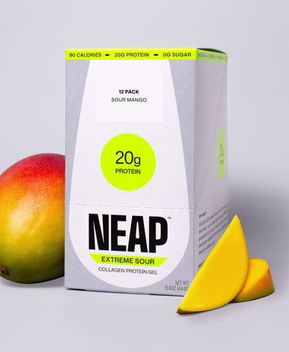 NEAP Extreme Sour, Sour Mango Collagen Protein Gel 12-pack box with mango on a gray background. 20g protein.