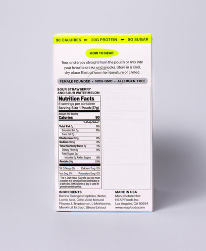 Nutrition facts and ingredients label for NEAP Extreme Sour, Sour Watermelon protein gel. 20g protein. Allergen Free. Female Founded. Non GMO.