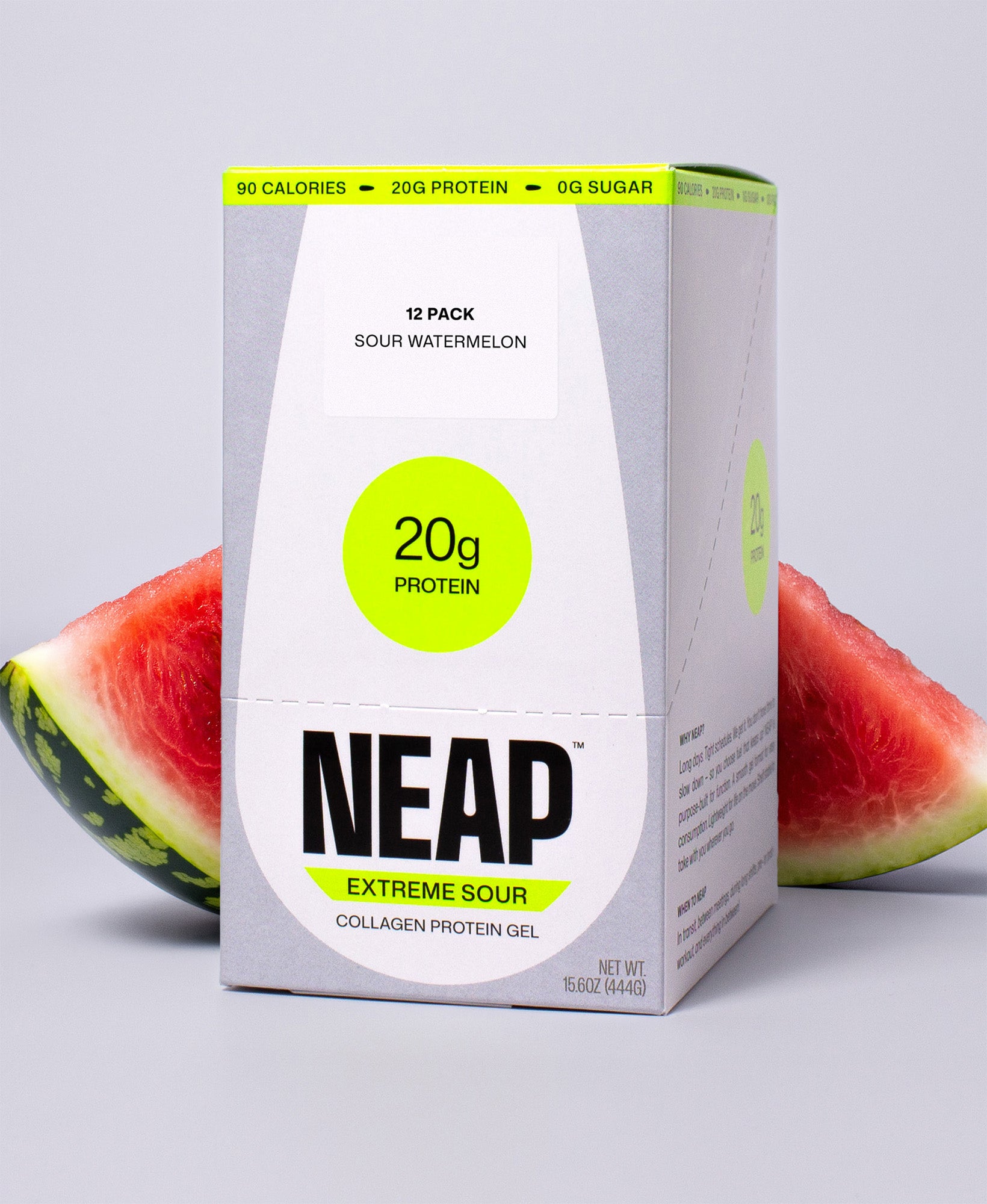 NEAP Extreme Sour, Sour Watermelon Collagen Protein Gel 12-pack box with watermelon wedges on a gray background. 20g protein.
