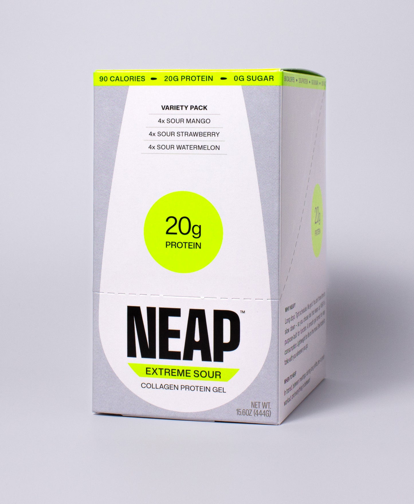 NEAP Extreme Sour Protein Gel Variety Box on a gray background. 20g protein. 