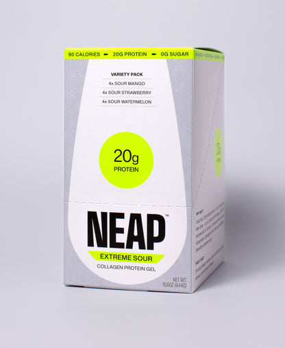 NEAP Extreme Sour Protein Gel Variety Box on a gray background. 20g protein. 