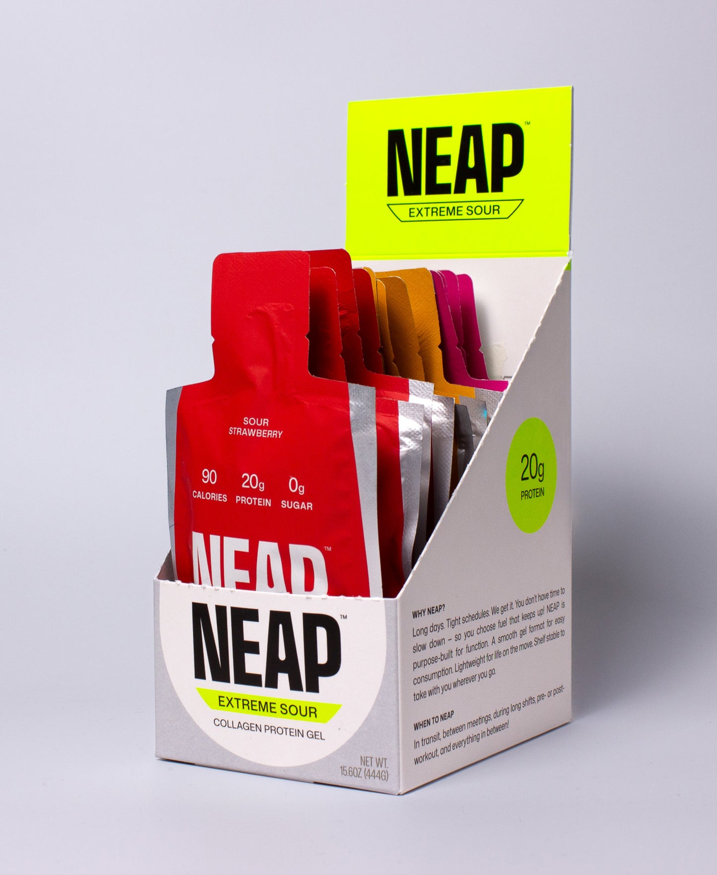 NEAP Extreme Sour Variety Box pouches in display box from a 3/4 angle view.