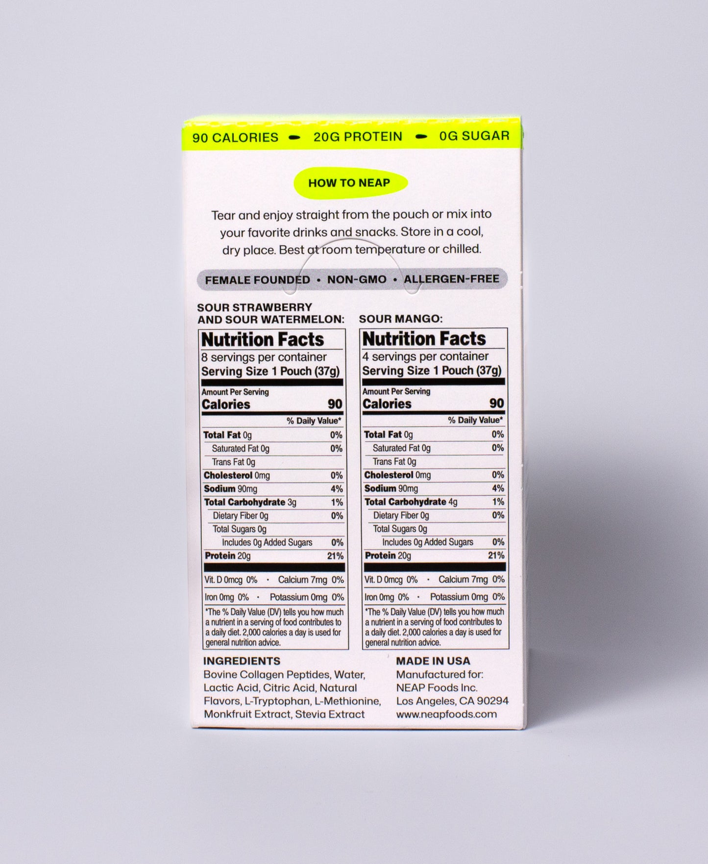 NEAP Extreme Sour Protein Gel FDA Food Label Nutrition Label on Back of Product Box. 20g protein. Allergen Free. Female Founded. Non GMO.