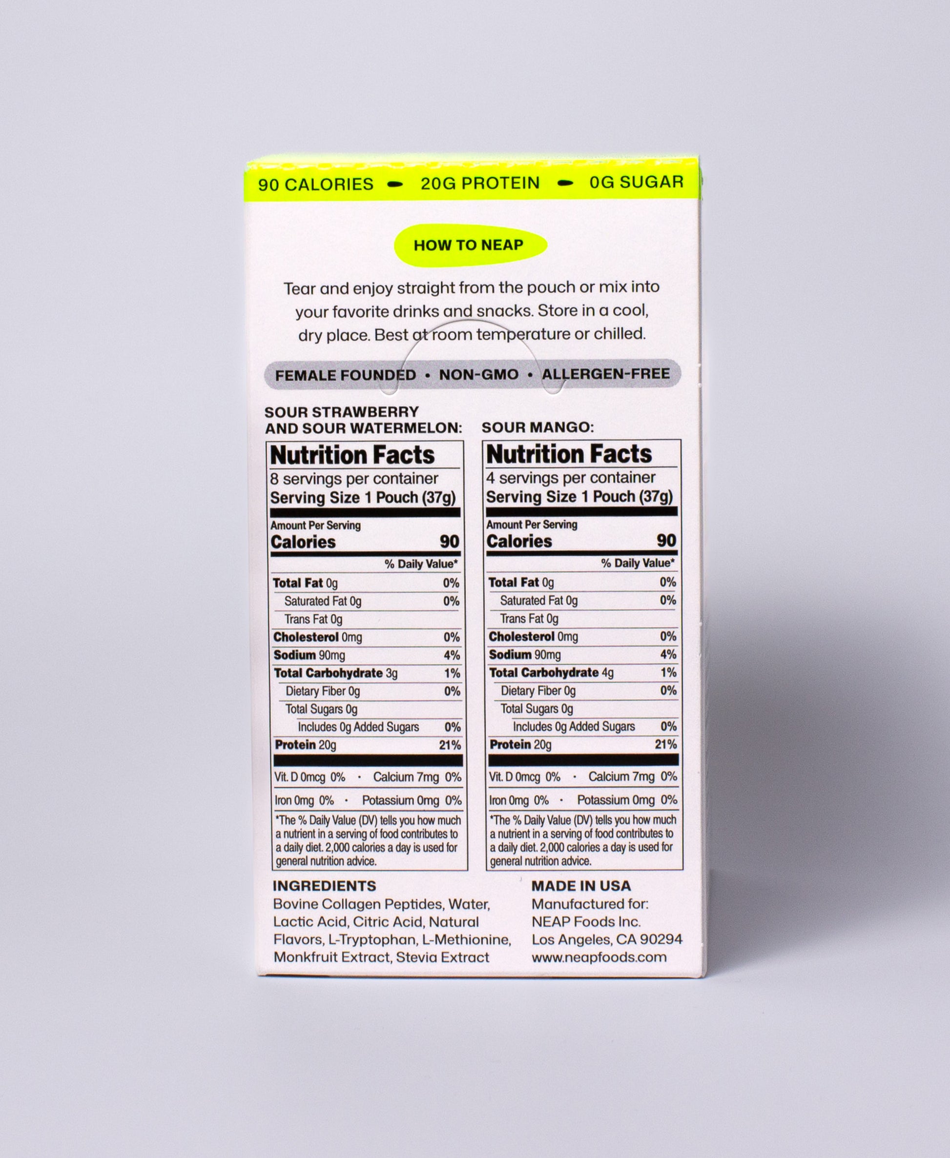 NEAP Extreme Sour Protein Gel FDA Food Label Nutrition Label on Back of Product Box. 20g protein. Allergen Free. Female Founded. Non GMO.