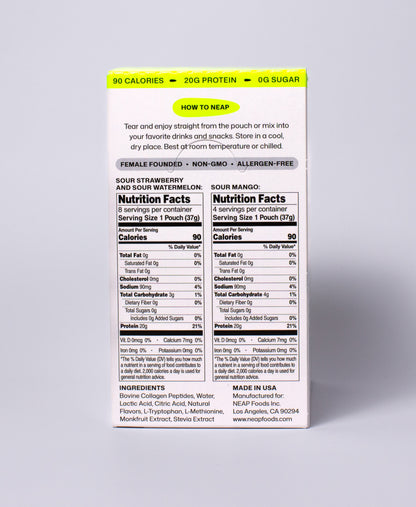 NEAP Extreme Sour Protein Gel FDA Food Label Nutrition Label on Back of Product Box. 20g protein. Allergen Free. Female Founded. Non GMO.