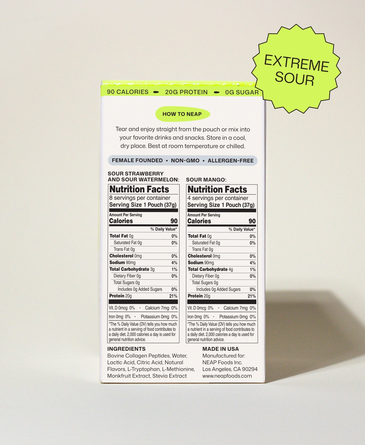NEAP Extreme Sour Protein Gel FDA Food Label Nutrition Label on Back of Product Box. 20g protein. 80 calories.