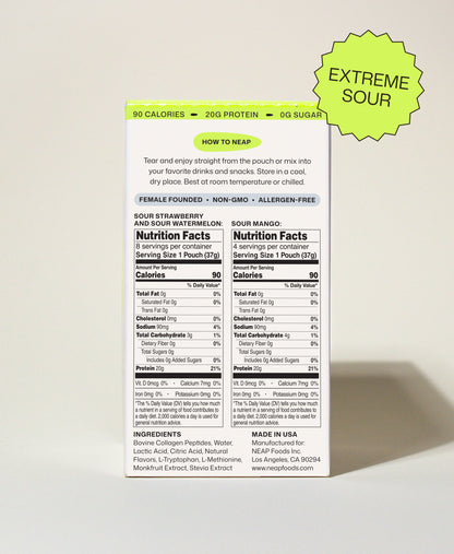 NEAP Extreme Sour Protein Gel FDA Food Label Nutrition Label on Back of Product Box. 20g protein. 80 calories.