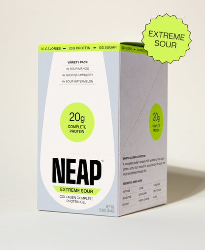 NEAP Extreme Sour Protein Gel FDA Food Label Nutrition Label on Back of Product Box. 20g protein. 90 calories.
