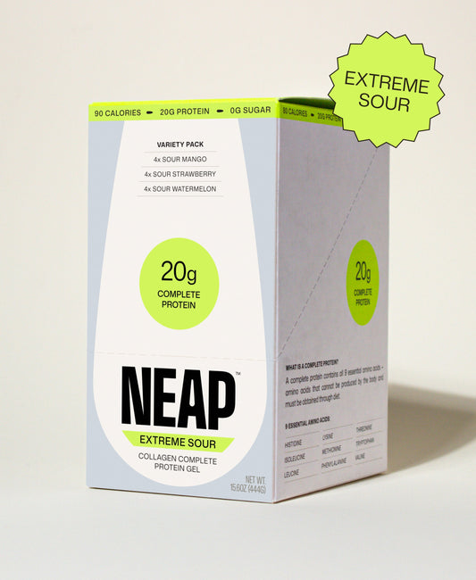 NEAP Extreme Sour Protein Gel FDA Food Label Nutrition Label on Back of Product Box. 20g protein. 90 calories.