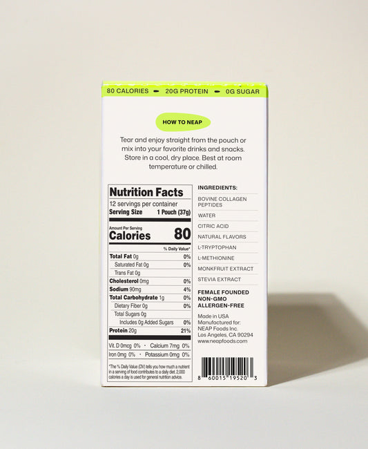 NEAP Protein Gel FDA Food Label Nutrition Label on Back of Product Box. 20g protein. 80 calories.