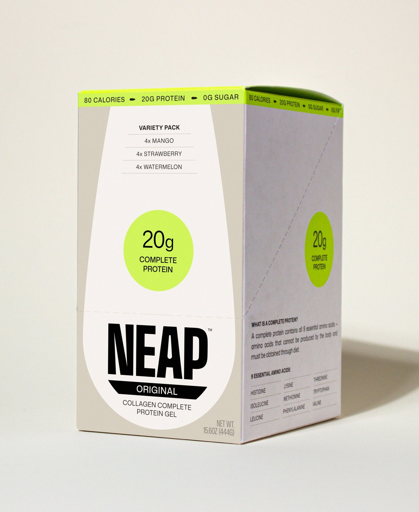 NEAP Protein Gel FDA Food Label Nutrition Label on Back of Product Box. 20g protein. 80 calories.
