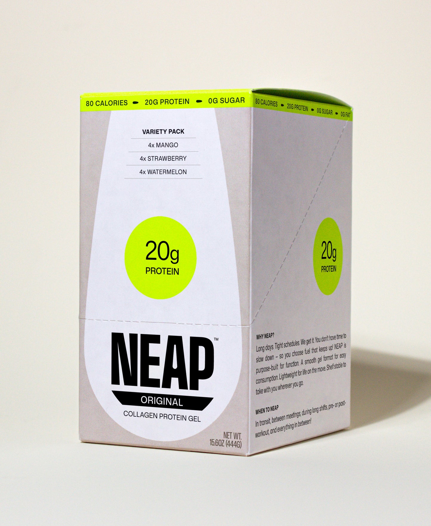NEAP Protein Gel FDA Food Label Nutrition Label on Back of Product Box. 20g protein. 80 calories.
