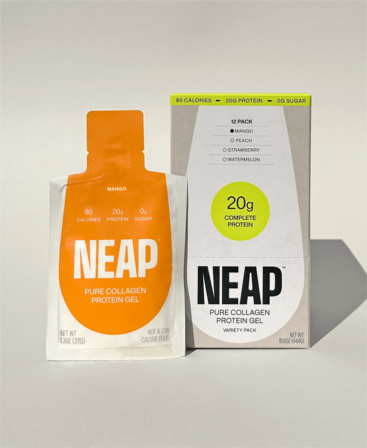 NEAP mango pure collagen protein gel pouch on a peach background