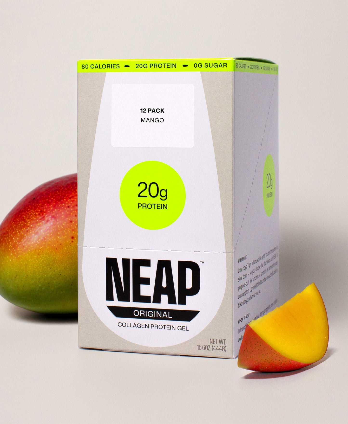 NEAP Original Mango Collagen Protein Gel 12-pack box with mangos on a neutral background. 20g protein.