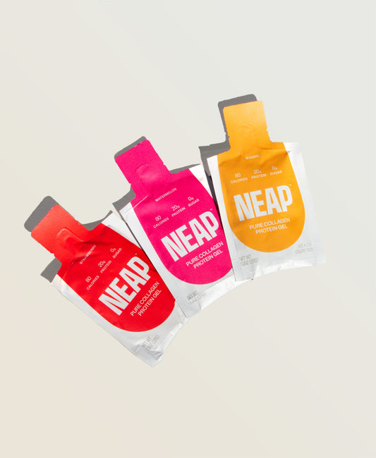 Three NEAP pure collagen protein gel pouches in different flavors (mango, watermelon, strawberry) on a light background. 