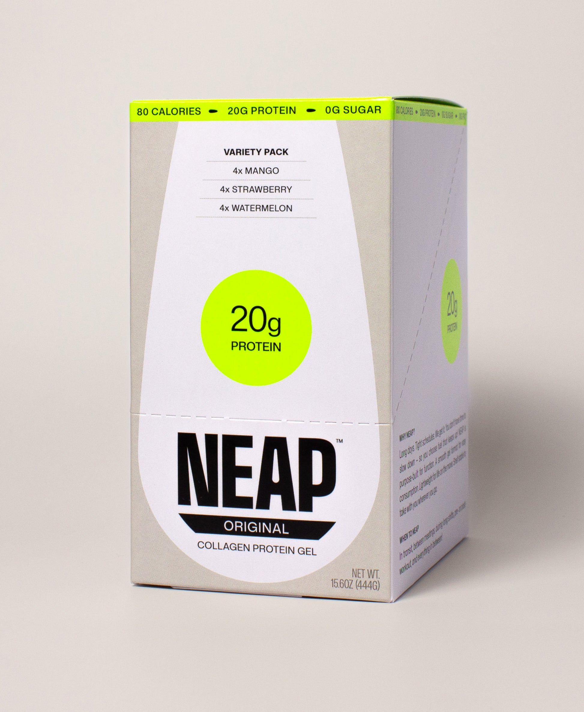 NEAP Original Protein Gel Variety Box on a neutral background. 20g protein.