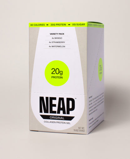 NEAP Original Protein Gel Variety Box on a neutral background. 20g protein.