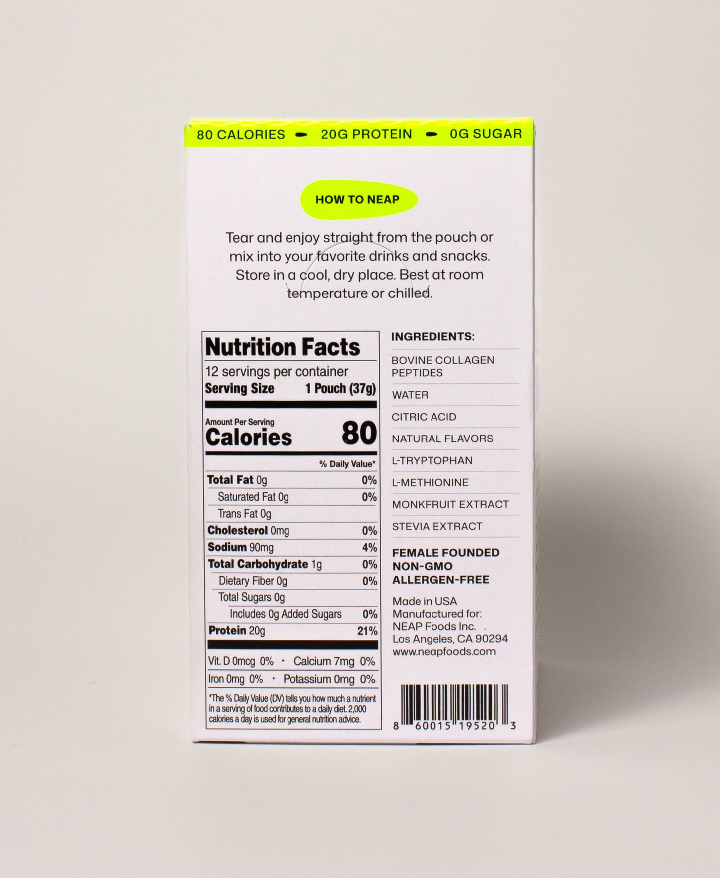 NEAP Original Box Protein Gel FDA Food Label Nutrition Label on Back of Product Box. 20g protein. Allergen Free. Female Founded. Non GMO.