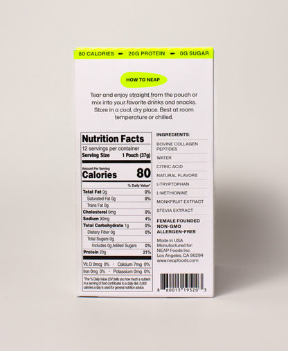 NEAP Original Box Protein Gel FDA Food Label Nutrition Label on Back of Product Box. 20g protein. Allergen Free. Female Founded. Non GMO.