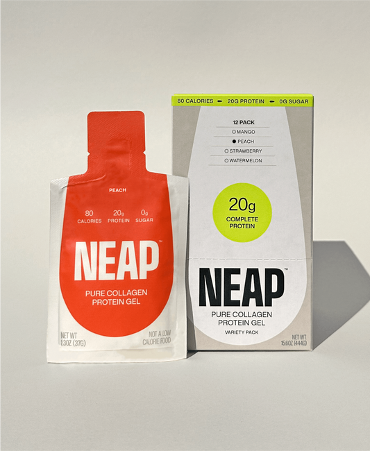 NEAP Peach pure collagen protein gel packaging on a light gray background
