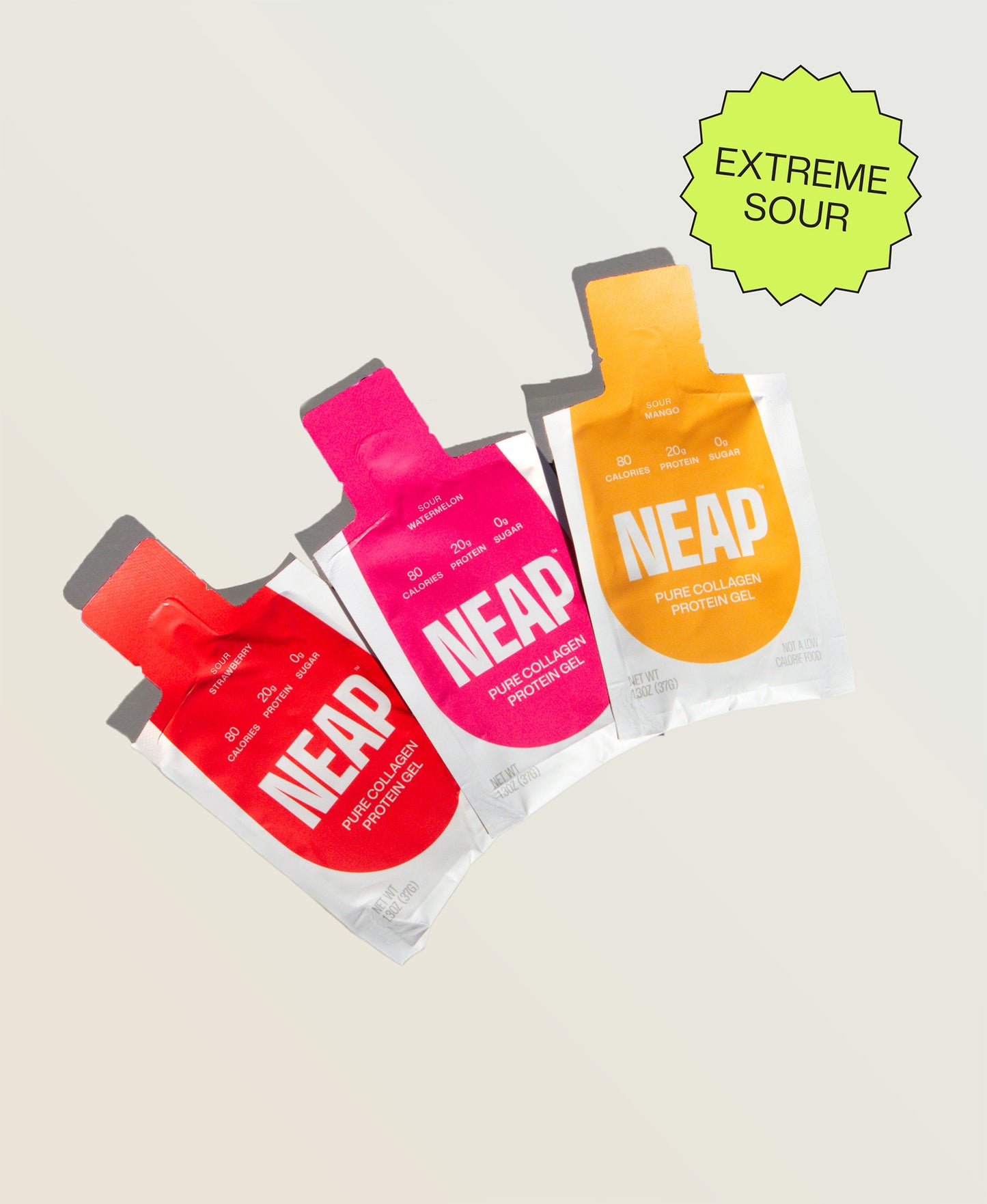 Three NEAP Extreme Sour pure collagen protein gel pouches in different flavors (mango, watermelon, strawberry) on a light background. 