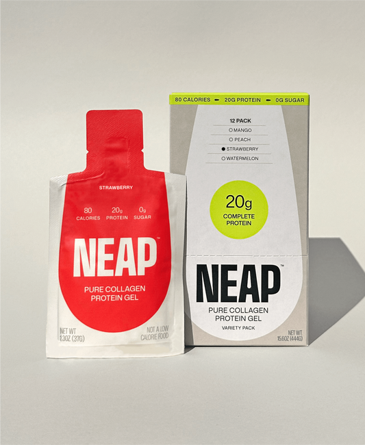 NEAP Strawberry pure collagen protein gel packaging on a light gray background