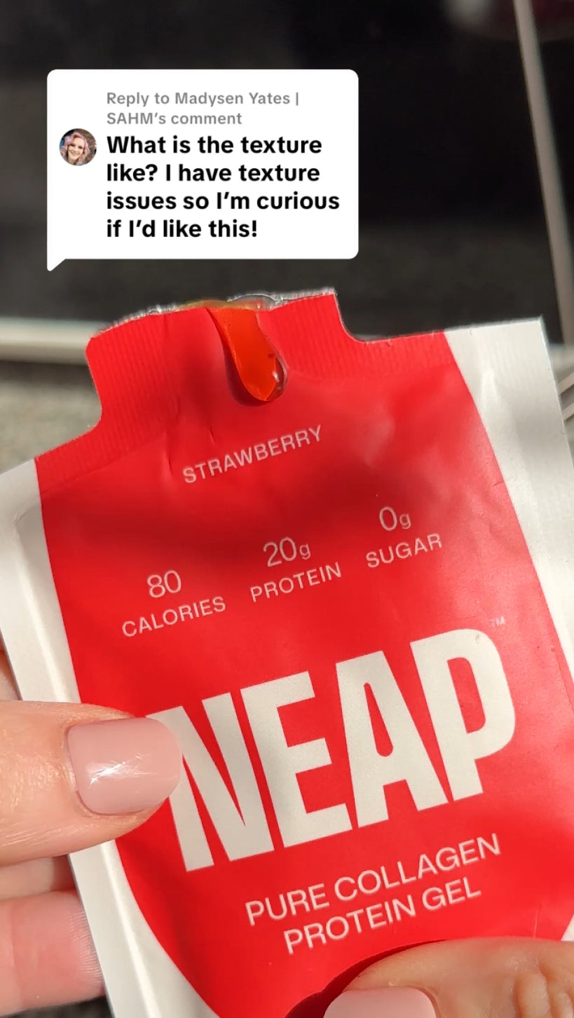 Strawberry NEAP collagen protein gel packet with honey-like gel dribbling out. A hand holds the pouch with a TikTok comment overlay asking about the texture of NEAP.