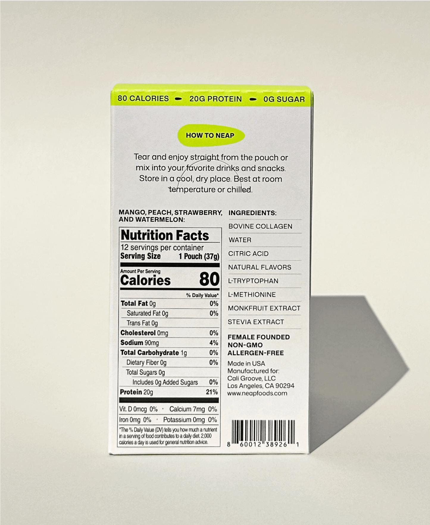 NEAP Protein Gel Nutrition Label on Back of Product Box
