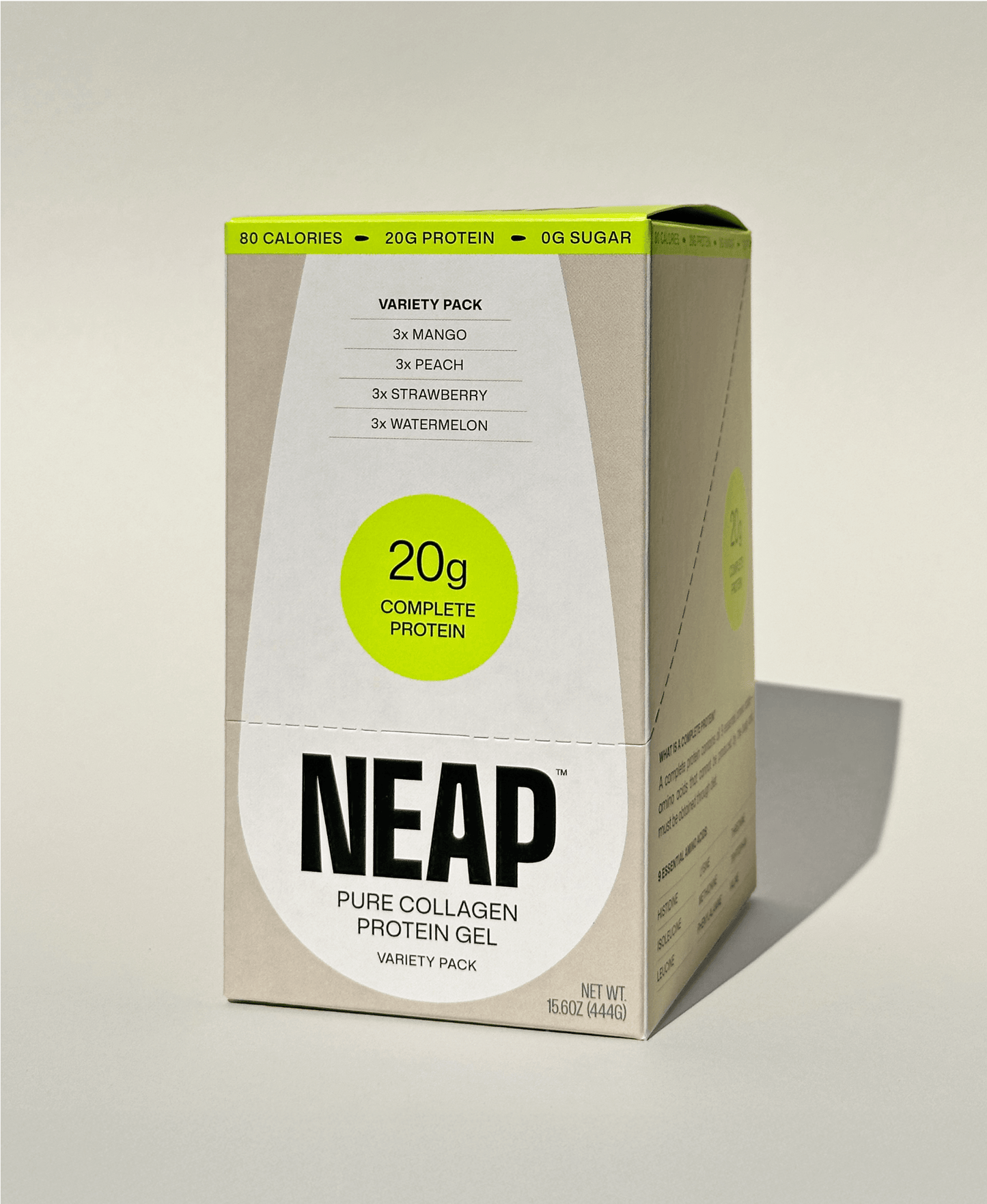NEAP protein gel variety pack box on a light background