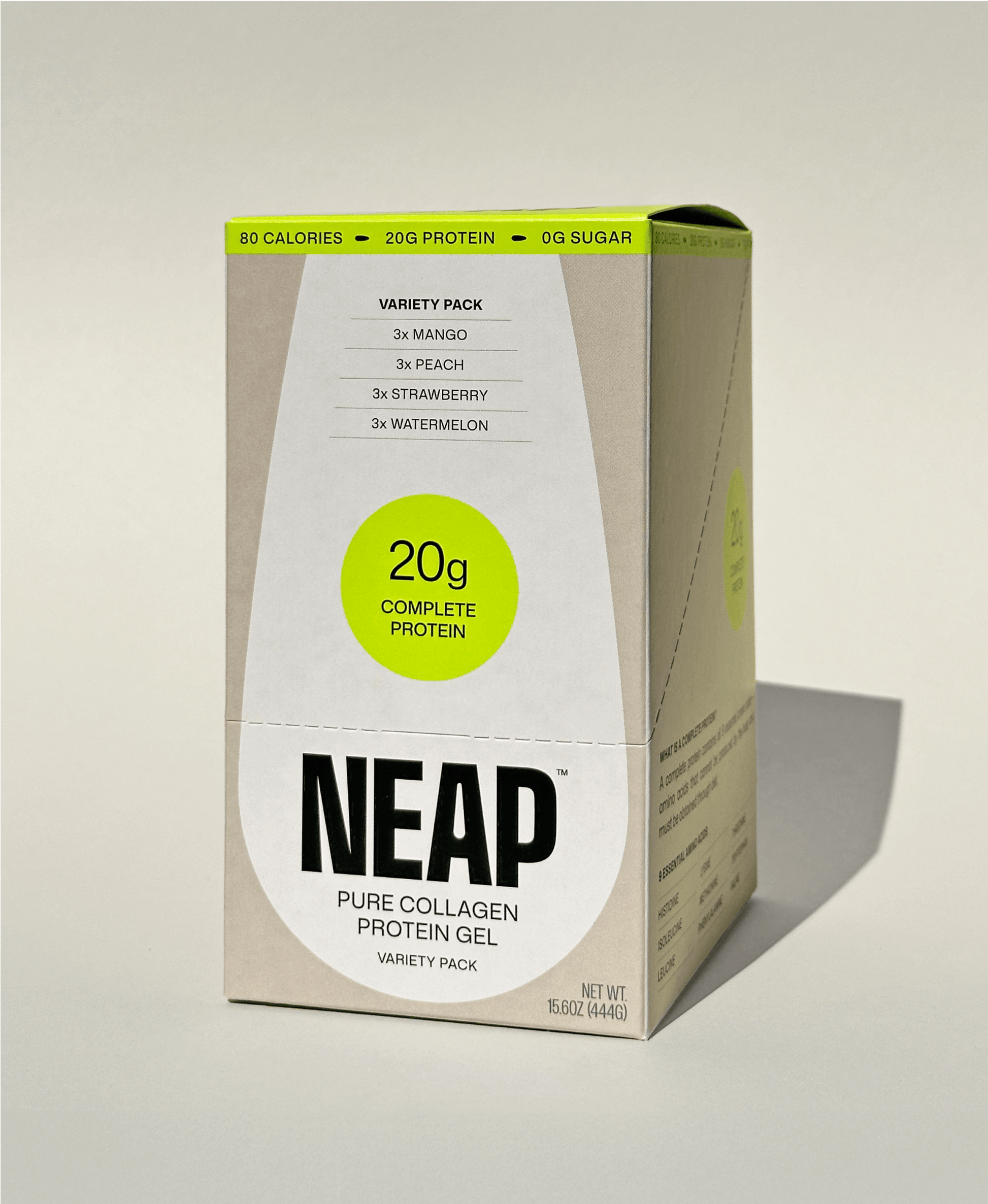 NEAP protein gel variety pack box on a light background