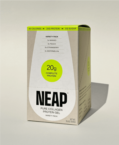 NEAP protein gel variety pack box on a light background