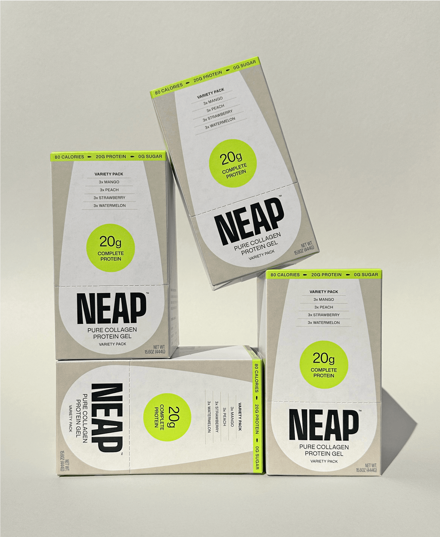 NEAP Protein Gel Boxes Stacked on Light Background