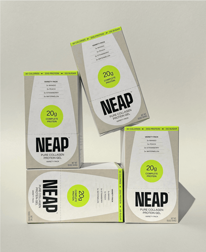 NEAP Protein Gel Boxes Stacked on Light Background
