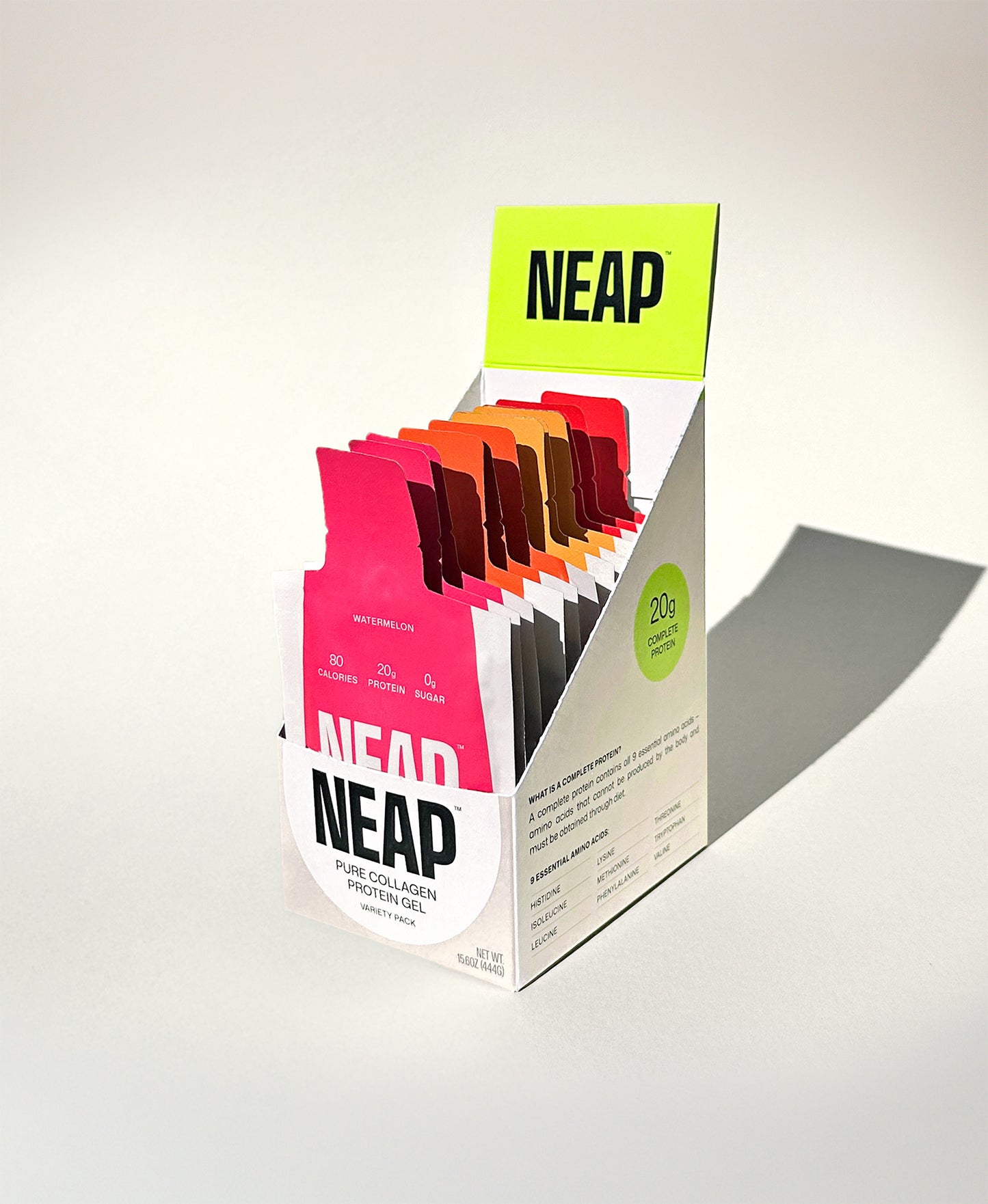 NEAP Variety Box opened with Protein Gel Pouches inside: strawberry, watermelon, and mango. 