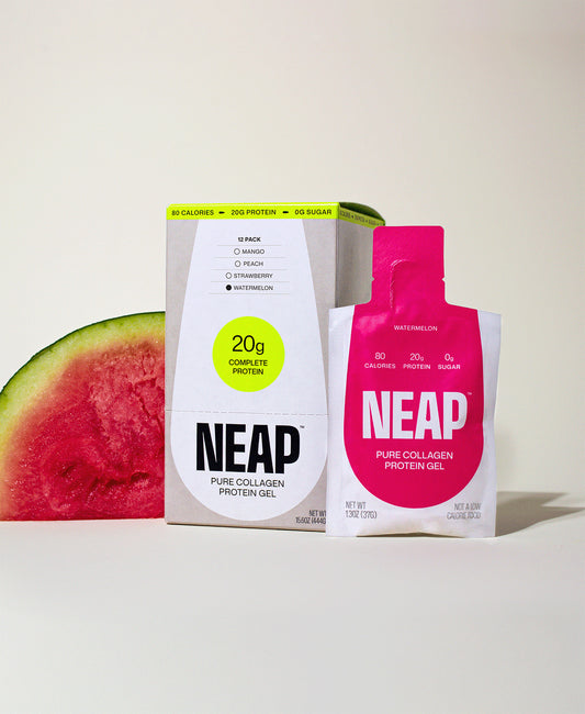 NEAP pure collagen protein gel Watermelon pouch and box with fresh watermelon slice on light background